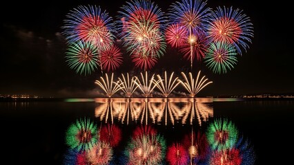 Stunning display of colorful pyrotechnics bursting over a dark lake, with perfect reflections