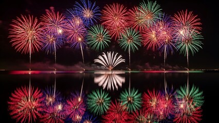 Colorful aerial explosions illuminate the night sky, mirroring perfectly on a dark water surface