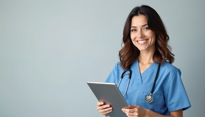 Happy medic uses tablet. Young woman in blue scrubs holds a gadget. Nurse smiles, wears stethoscope, stands indoors, looks at camera. Healthcare pro posing with device against gray background.