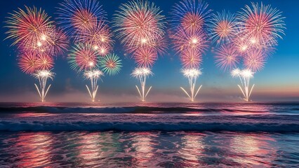 Vivid display of vibrant fireworks exploding over ocean waves at dusk
