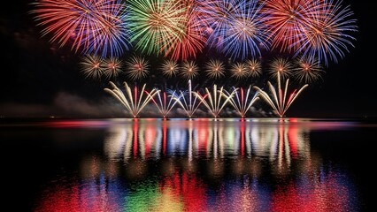 Spectacular display of colorful fireworks exploding over calm water at night, with reflections