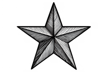 Black and white five-pointed star drawing with textured hatching lines, representing award, success, or quality, transparent background