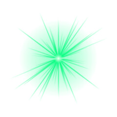 Obraz premium Bright green starburst effect with glowing light rays emanating from a central point on a deep transparent background.