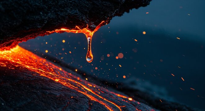 Close-up of molten lava drop glowing in the dark, natural energy and heat concept