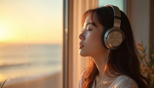 Asian girl in headphones enjoys music near the window. Relaxed woman listens audio podcast in earphones with ocean view. Lady meditates with closed eyes at sunset. Wellbeing concept for digital detox.