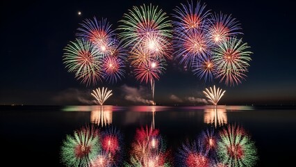 Spectacular, colorful fireworks display reflecting in still water against a dark night sky