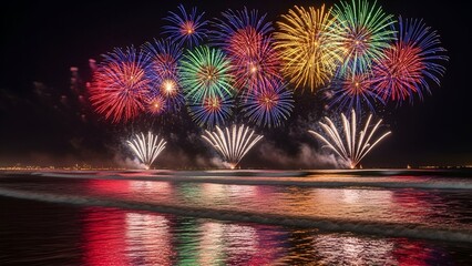 Spectacular night display of colorful explosions over water, reflecting in the ocean