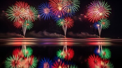 Colorful fireworks burst over the ocean, with vivid reflections in the calm water at night