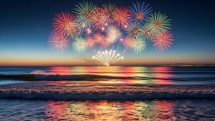 Colorful fireworks burst over the ocean during dusk, reflecting on the water