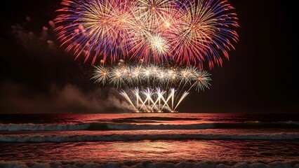 Stunning display of colorful fireworks exploding over a serene ocean at night (1)