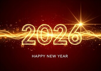 A futuristic and dynamic 'Happy New Year 2026' graphic, with the numbers '2026' in a golden wireframe style, illuminated by a swirling wave of golden light energy, particles, and a bright starburst on
