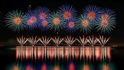 Stunning display of colorful fireworks exploding over tranquil water at night