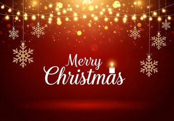  warm and inviting 'Merry Christmas' greeting card on a rich red background, featuring a glowing string of lights and hanging gold snowflakes at the top, with beautiful cursive text and a candle icon 