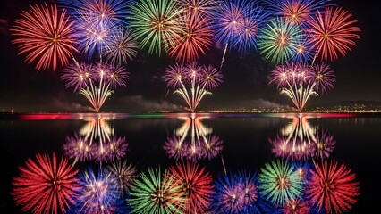 Spectacular night display of colorful explosions reflected in calm water