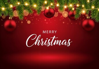 A classic 'Merry Christmas' background featuring a top border of realistic pine branches intertwined with glowing string lights and shiny red baubles, set against a rich red background with soft bokeh