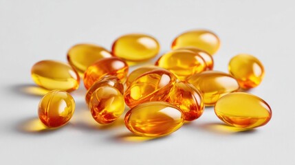 Close-up of omega-3 fish oil capsules on a white surface