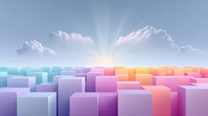 Fototapeta premium Abstract 3D landscape with colorful blocks and a bright sky