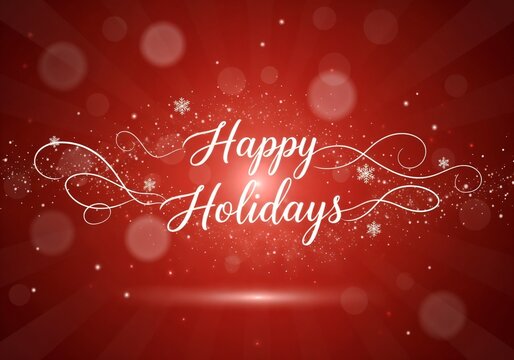 "A celebratory 'Happy Holidays' card with elegant white cursive text adorned with swirls and snowflakes, on a vibrant red background with abstract bokeh, light flares, and a wave of sparkling particle