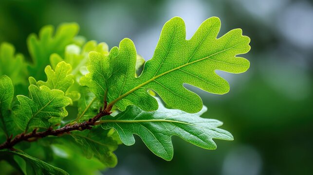 Close-up of vibrant green oak leaves on a branch against a blurred background
