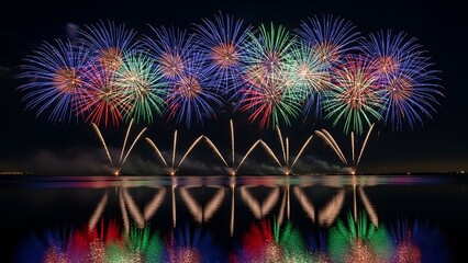 Stunning display of colorful fireworks exploding over a reflective lake at night
