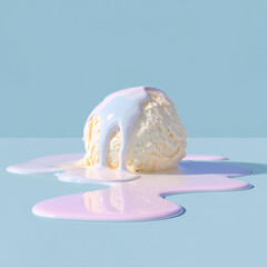Fototapeta premium Single scoop of ice cream melting on smooth surface, creating colorful puddle of creamy texture. scene evokes sense of warmth and indulgence