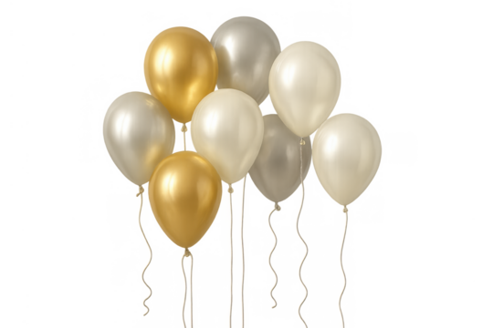 Gold and silver pearl balloons floating, celebrating decoration, transparent isolated background for party event