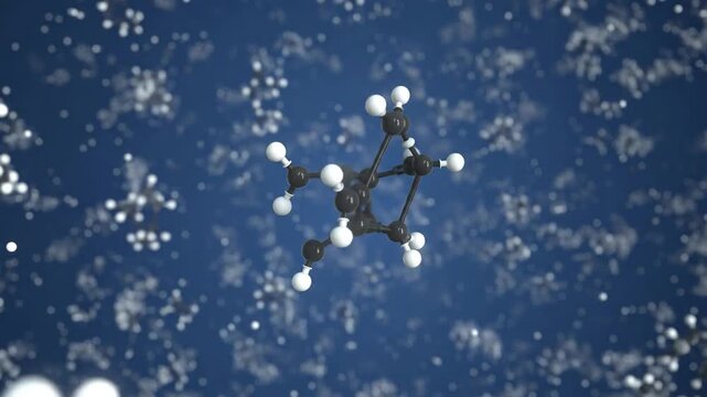 3D Abstract Molecular Structure Rotating Against Deep Blue Background with Floating Particles