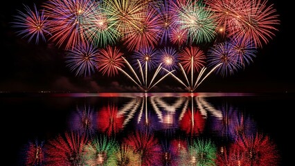 Stunning display of colorful pyrotechnics reflecting on still water at night