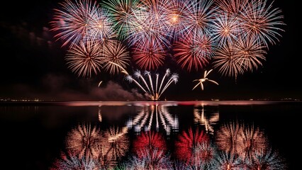Colorful explosion of light across the night sky, reflected in the water below