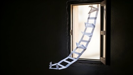 A creative paper ladder extends out of a window. Light and shadow interplay on the artwork