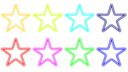 Eight colorful neon-style stars arranged in two rows on a white background.