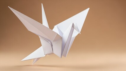 Close-up of a white paper crane seemingly floating against a warm, neutral-toned backdrop