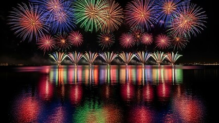 Dazzling fireworks erupt over a tranquil body of water, reflecting vibrant colors