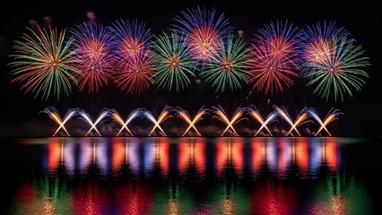 Colorful aerial explosions illuminating a night sky and reflecting on tranquil water