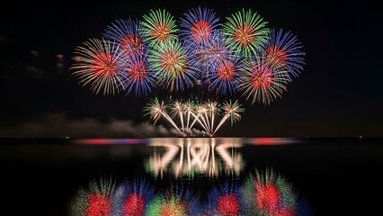 Colorful pyrotechnics illuminating the night sky, reflected in calm water