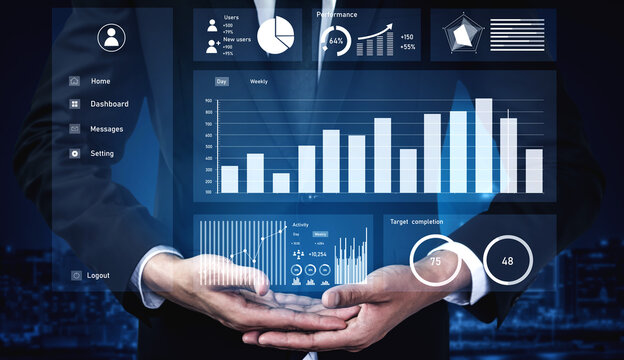 Business Professional Presenting Data Visualization on Transparent Screen with Charts and Graphs in Corporate Setting Impute.