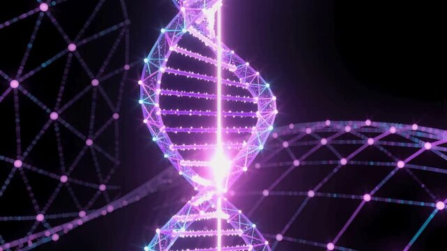 Digital DNA Helix Structure - Glowing Low Poly Genetic Code, Science, Biotechnology, Medicine  - Powered by Adobe