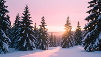 Snow covered pine forest at dawn with soft pink sky and sunlight reflecting on the snow cinematic lighting