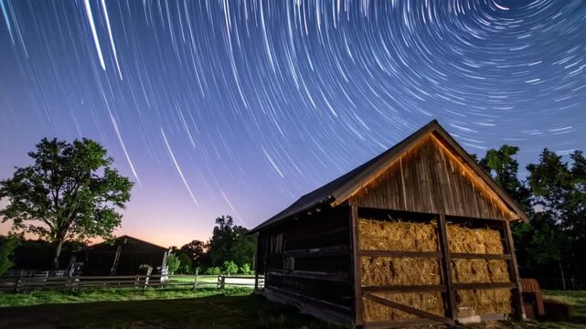 Rustic wooden barn under a swirling night sky star trail display with glowing celestial patterns and distant horizon lights