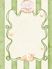 Watercolor poster with green ornament and gold seashell. Suitable for invitation, stationery, and print.