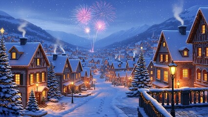 Charming winter village scene with fireworks over snow-covered houses and mountains