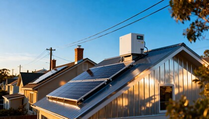 Fototapeta premium Medium shot of battery storage units integrated with rooftop solar panels delivering reliable power to a closeknit residential area.