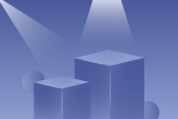 Two-tiered cuboid pedestals in cool indigo/blue illuminated by intersecting spotlights.