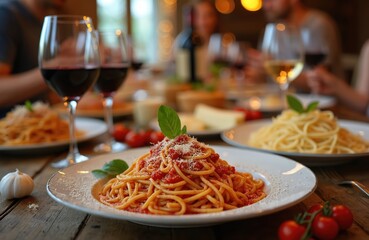 Friends enjoy Italian food at a table. Plates with pasta and glasses of wine present. Tomato sauce spaghetti and fettuccine with cream sauce on plates. Dinner time.