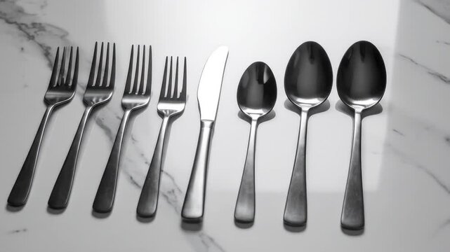 Elegant Silver Cutlery Set Arranged on a Marble Surface with Soft Lighting
