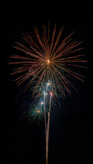 大きな一発の花火を主役とし周辺に細い光跡を重ねる非対称レイアウトで視線誘導を確立し新年特集やLP冒頭に強い印象を与える縦型背景. 生成AI