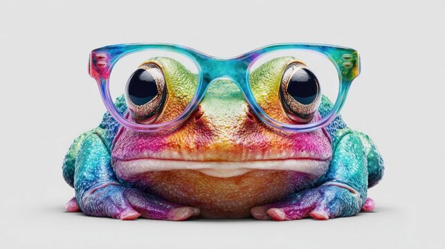 Colorful frog wearing glasses, a vibrant and whimsical illustration on a white background