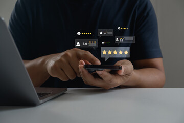 Customer giving online review on smartphone, showing star ratings, feedback and user experience evaluation for digital marketing, e-commerce and business reputation management.