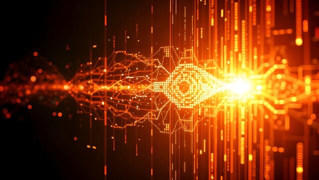 Abstract fractal bright explosion from virtual hologram holographic spear attact target to data matrix wall forming glowing star light