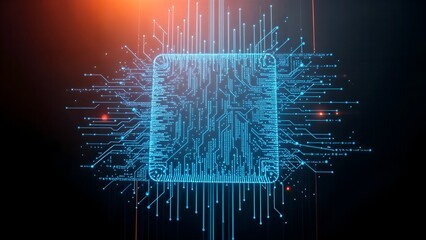 blue binary code pattern on micro chip forms data connection and technology against a black, starlit space backdrop